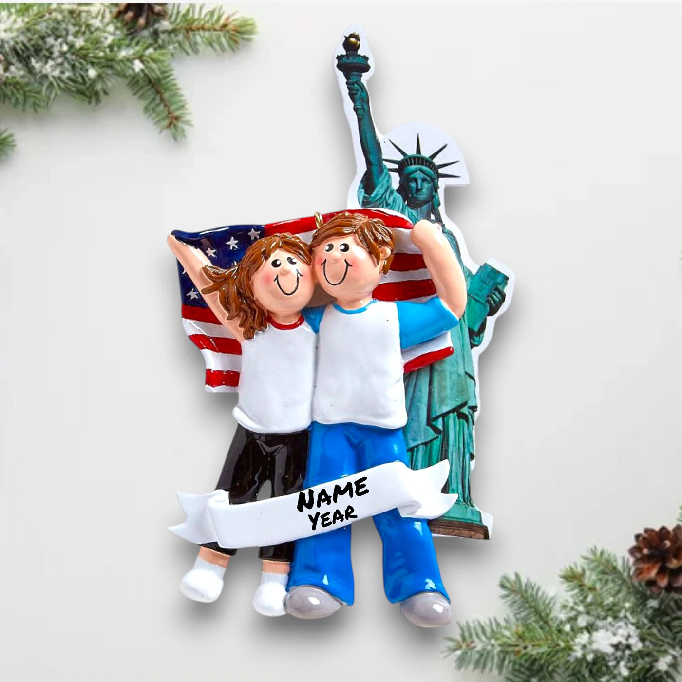 Personalized LOVE IN NEW YORK Christmas Ornament featuring a couple, the Statue of Liberty, and an American flag with customizable names and year.