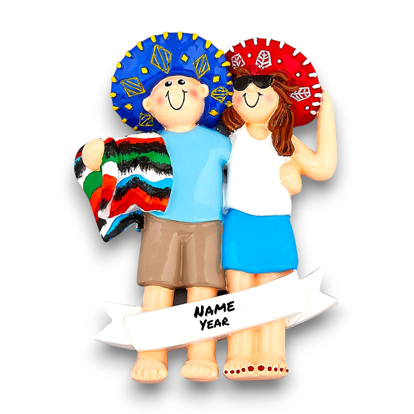 Personalized LOVE IN MEXICO Christmas Ornament featuring a couple with sombreros and a Mexican blanket, customizable with names and year.

