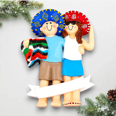 Personalized LOVE IN MEXICO Christmas Ornament featuring a couple with sombreros and a Mexican blanket, customizable with names and year.

