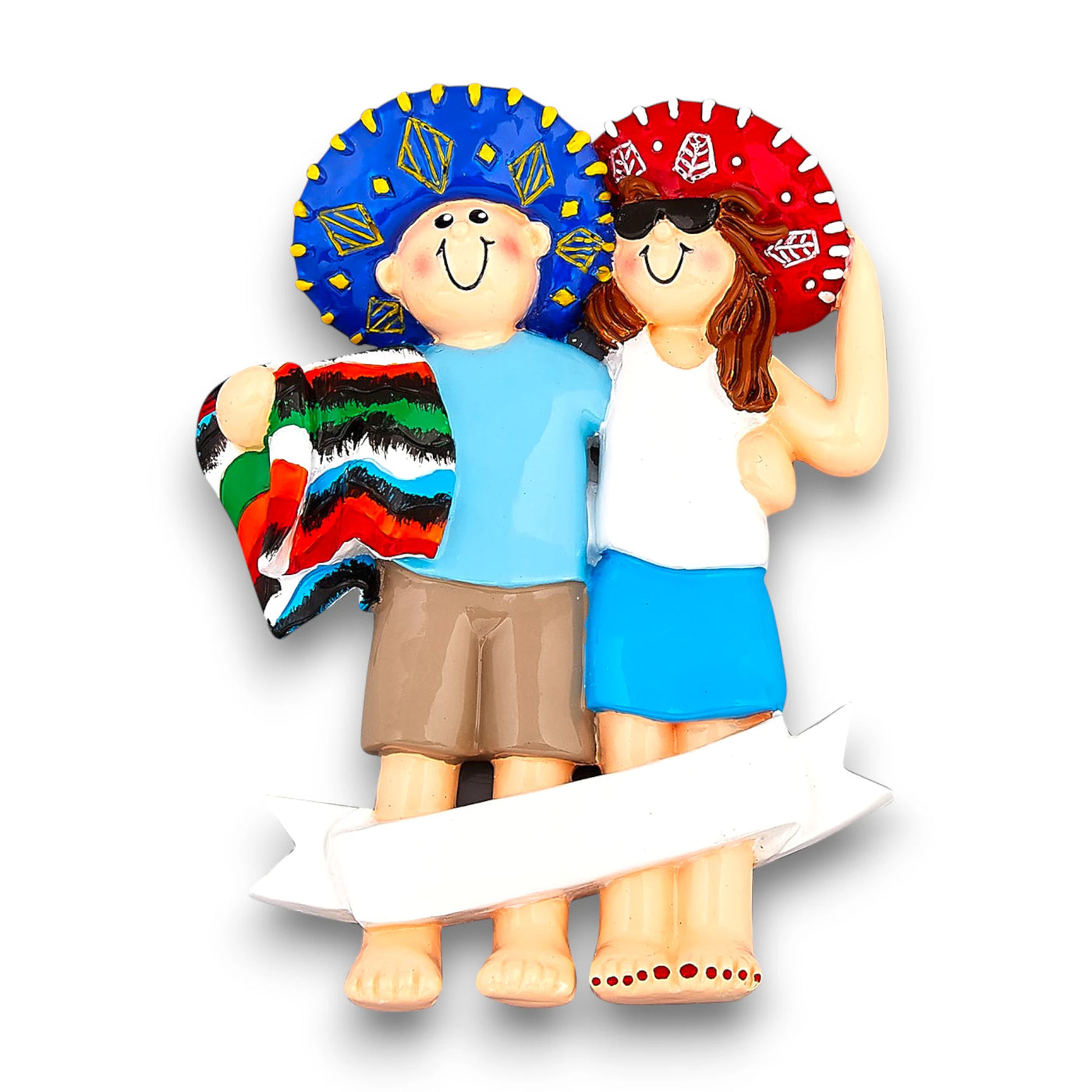 Personalized LOVE IN MEXICO Christmas Ornament featuring a couple with sombreros and a Mexican blanket, customizable with names and year.

