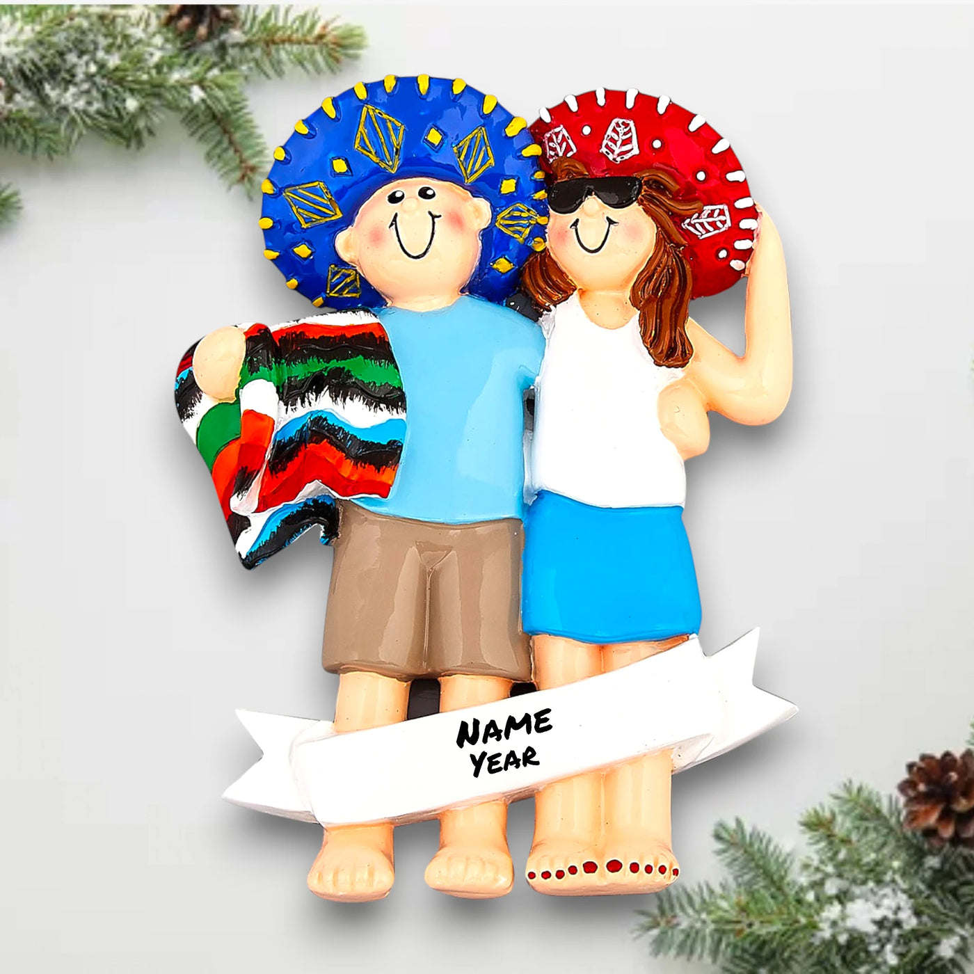 Personalized LOVE IN MEXICO Christmas Ornament featuring a couple with sombreros and a Mexican blanket, customizable with names and year.

