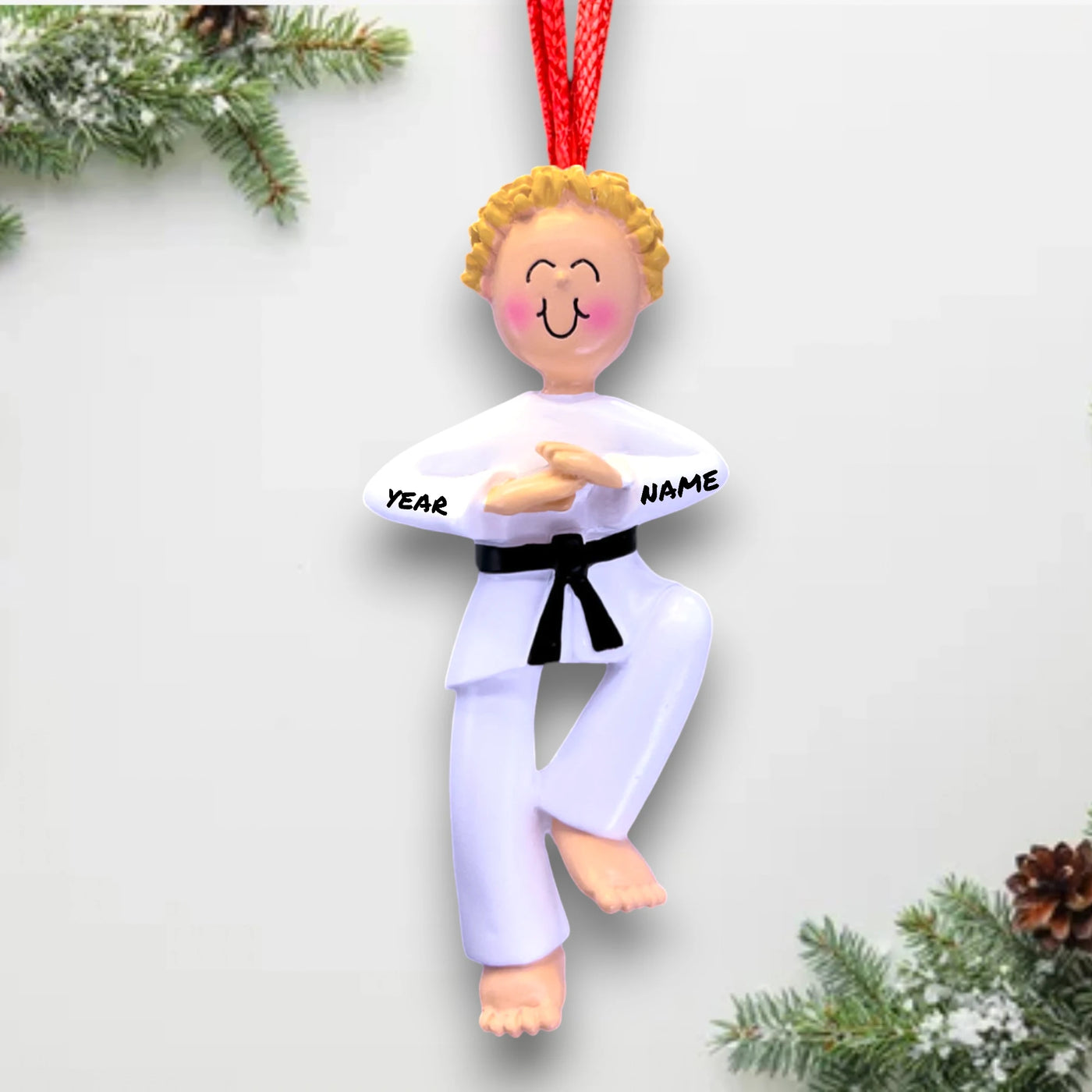 Personalized Male Blonde Karate Christmas Ornament with Name and Year – Customizable Resin Karate Christmas Tree Decoration.