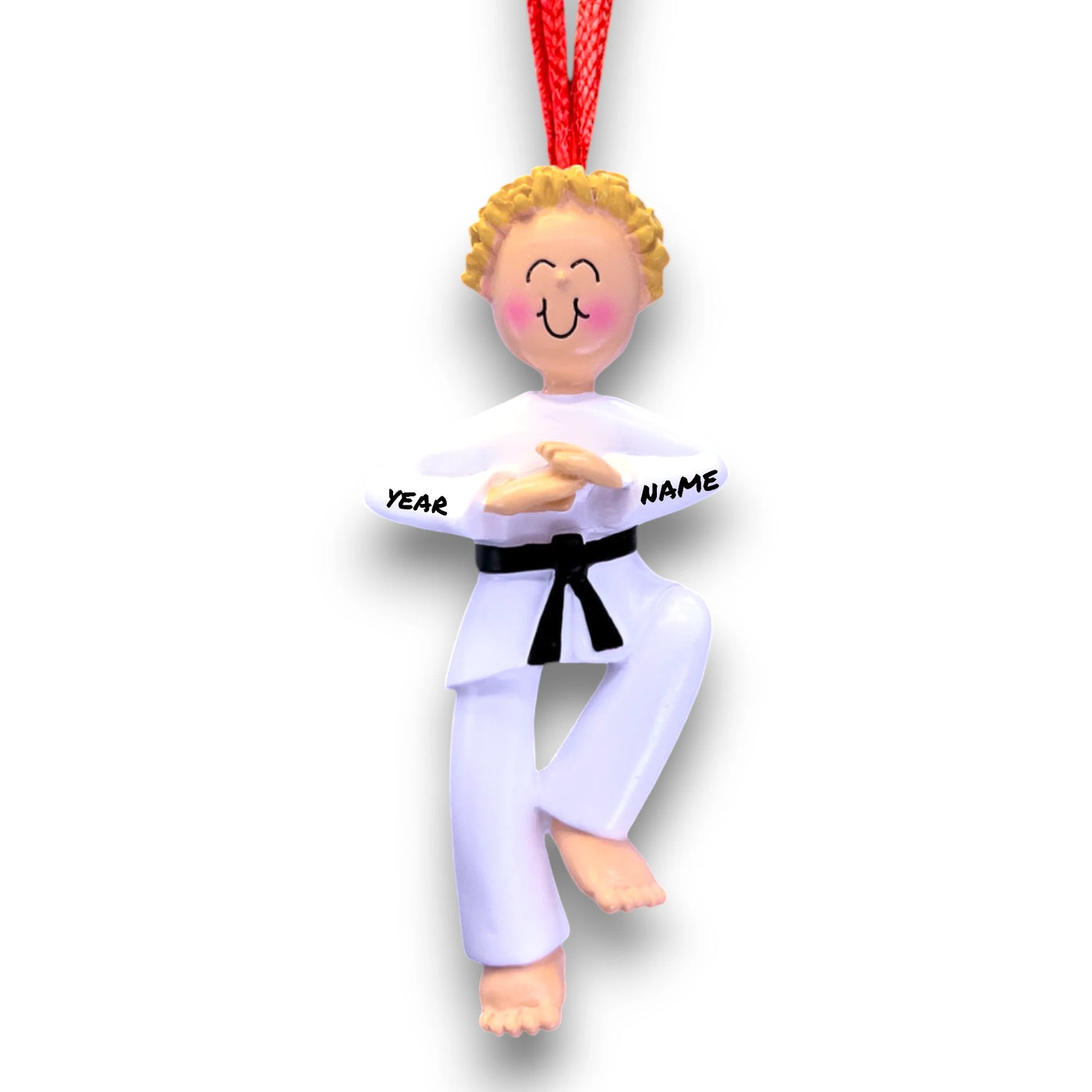 Personalized Male Blonde Karate Christmas Ornament with Name and Year – Customizable Resin Karate Christmas Tree Decoration.