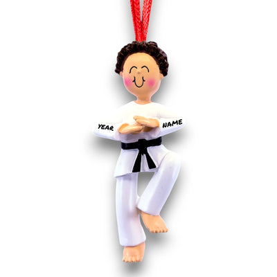 Personalized Male Karate Ornament with Brown Hair, wearing a white gi and black belt, customizable with name and year.

