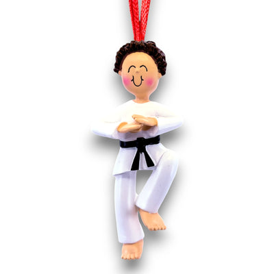 Personalized Male Karate Ornament with Brown Hair, wearing a white gi and black belt, customizable with name and year.

