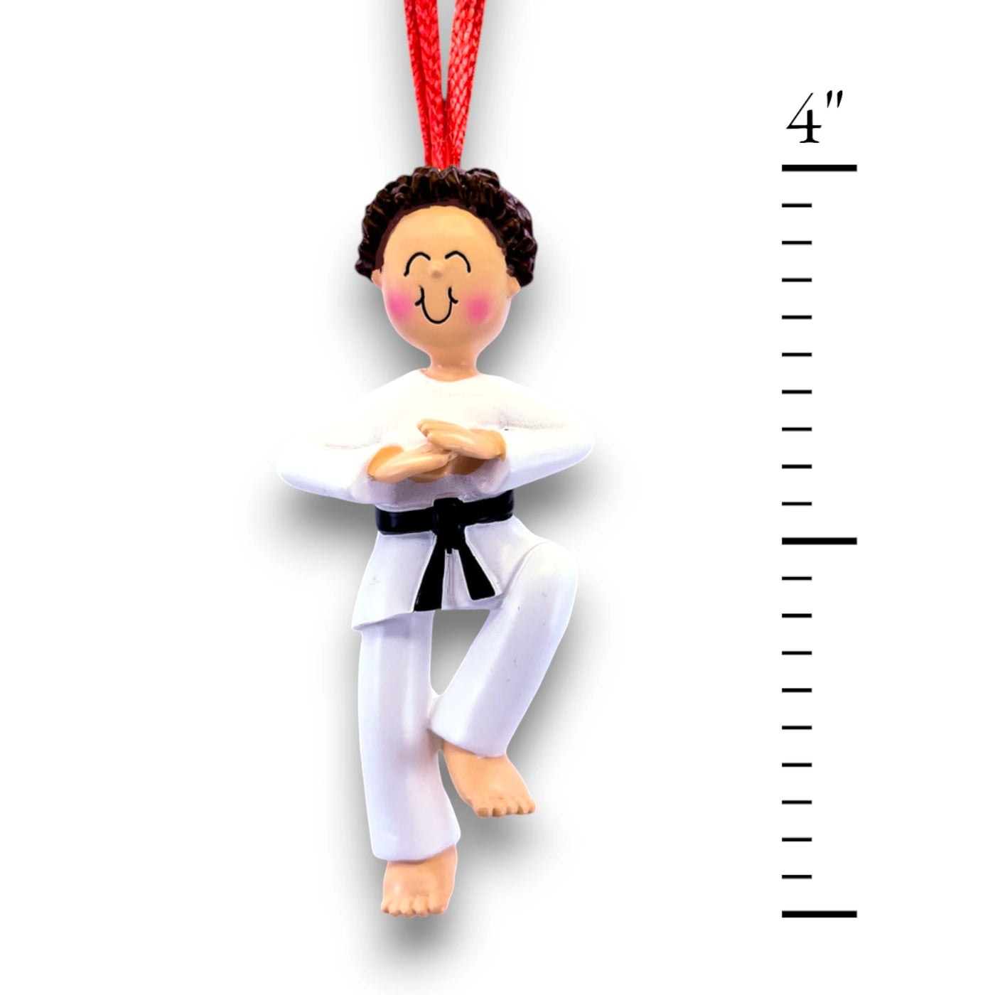 Personalized Male Karate Ornament with Brown Hair, wearing a white gi and black belt, customizable with name and year.

