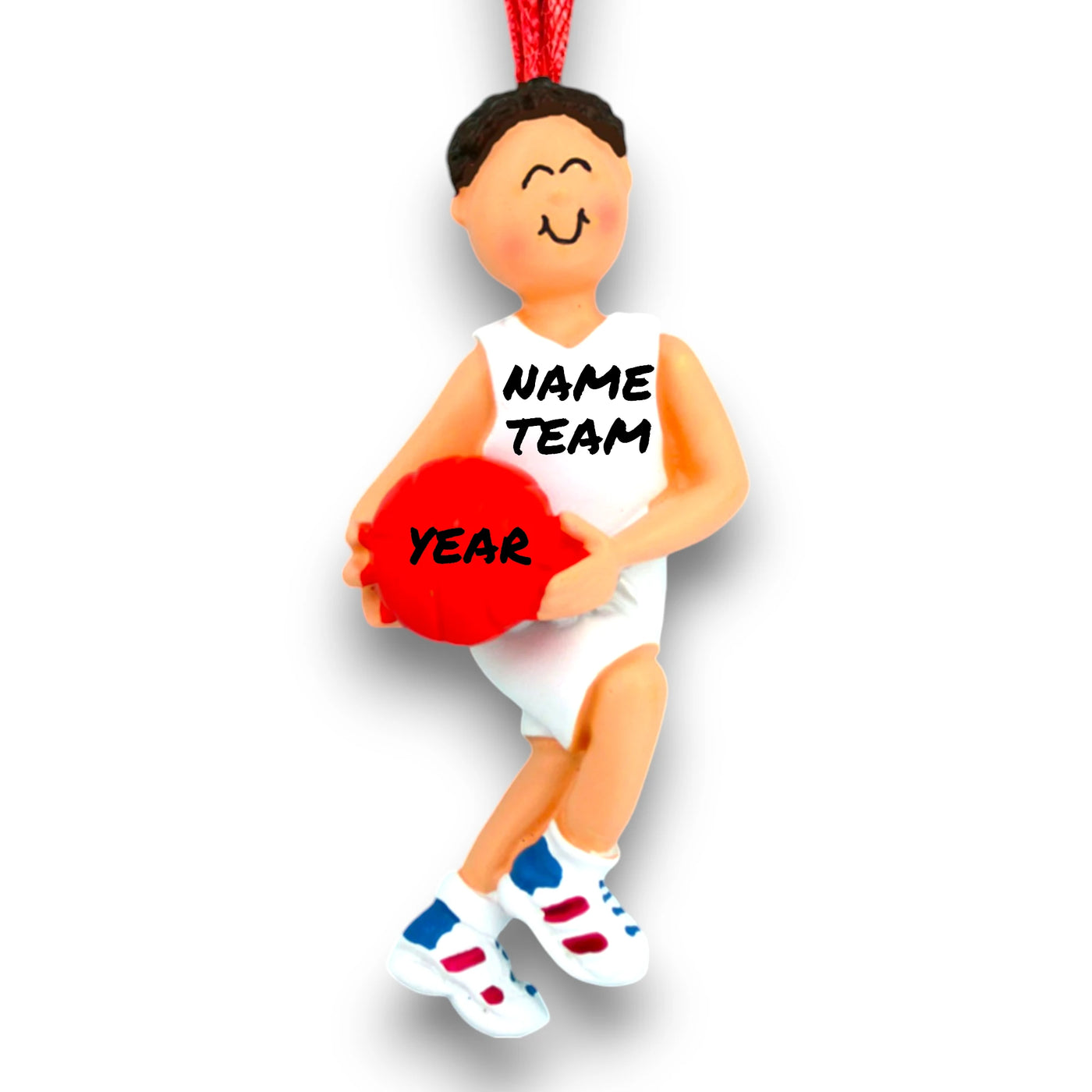 Personalized Male Brunette Basketball Player Ornament with Custom Name, Team, and Year