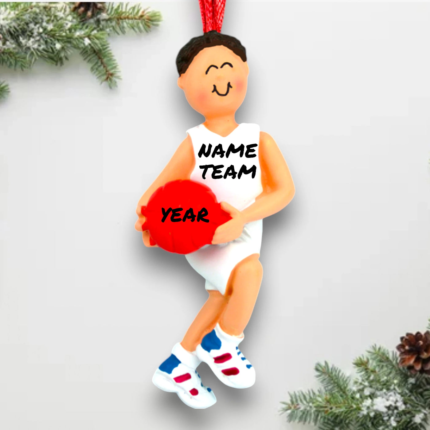 Personalized Male Brunette Basketball Player Ornament with Custom Name, Team, and Year