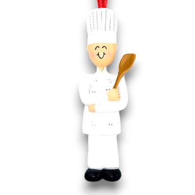 Personalized Male Chef Christmas Ornament in White Uniform – Custom Name and Year Resin Ornament

