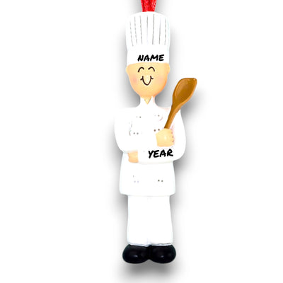 Personalized Male Chef Christmas Ornament in White Uniform – Custom Name and Year Resin Ornament

