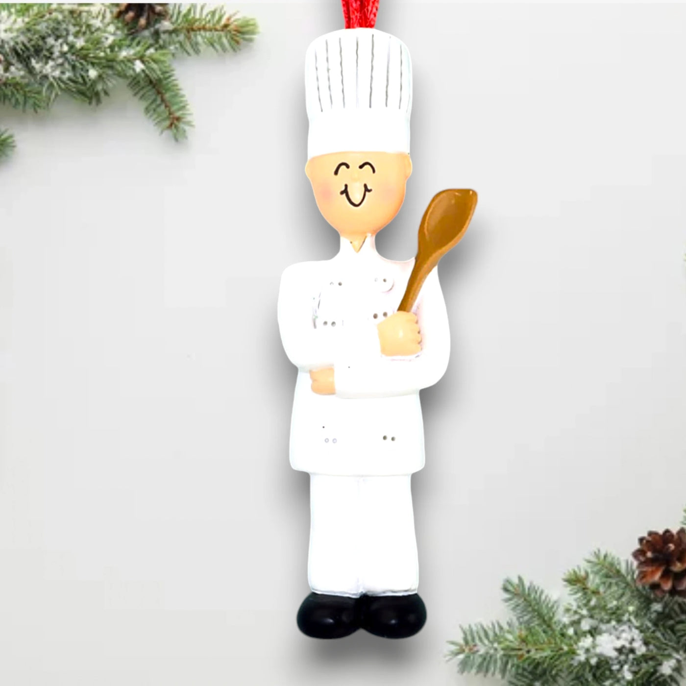 Personalized Male Chef Christmas Ornament in White Uniform – Custom Name and Year Resin Ornament

