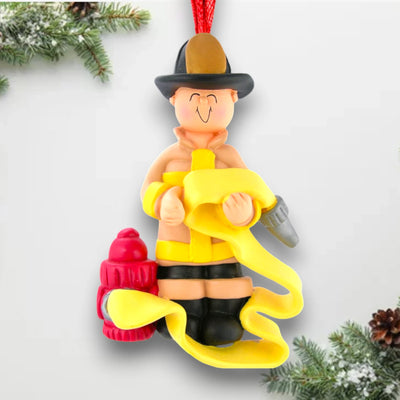 Personalized Male Firefighter Christmas Ornament with Yellow Hose and Hydrant – Custom Name and Year Resin Ornament