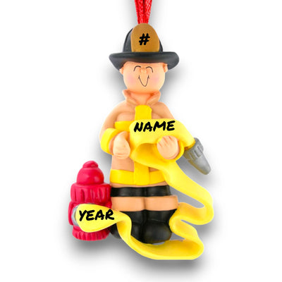 Personalized Male Firefighter Christmas Ornament with Yellow Hose and Hydrant – Custom Name and Year Resin Ornament