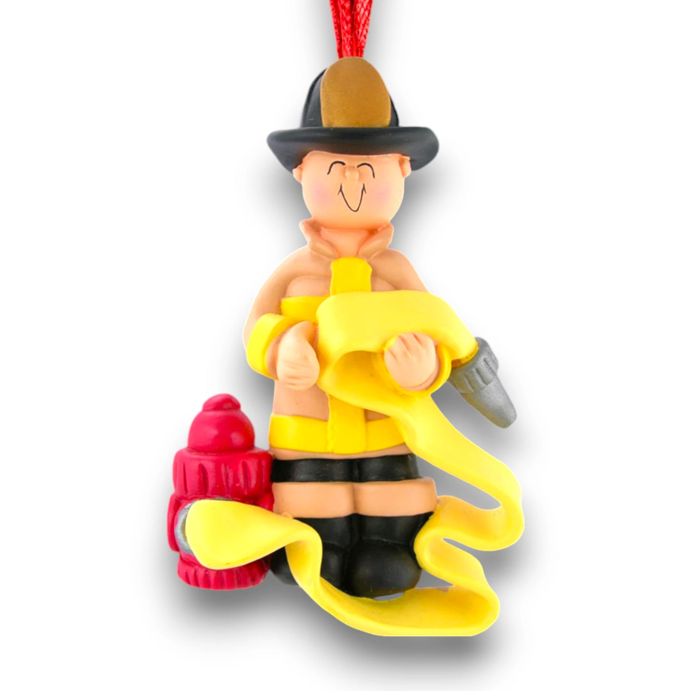 Personalized Male Firefighter Christmas Ornament with Yellow Hose and Hydrant – Custom Name and Year Resin Ornament