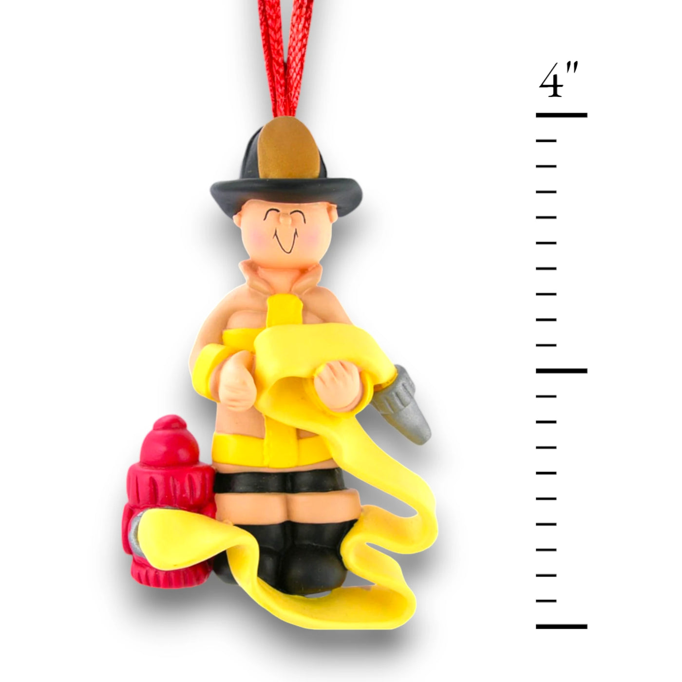 Personalized Male Firefighter Christmas Ornament with Yellow Hose and Hydrant – Custom Name and Year Resin Ornament