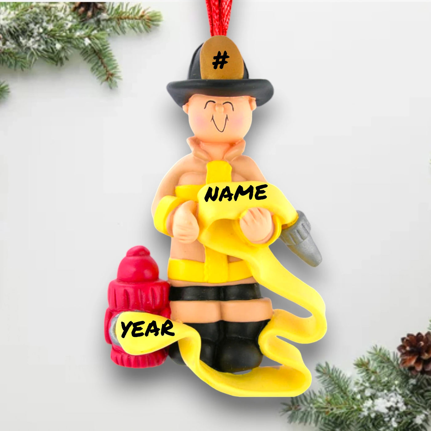 Personalized Male Firefighter Christmas Ornament with Yellow Hose and Hydrant – Custom Name and Year Resin Ornament