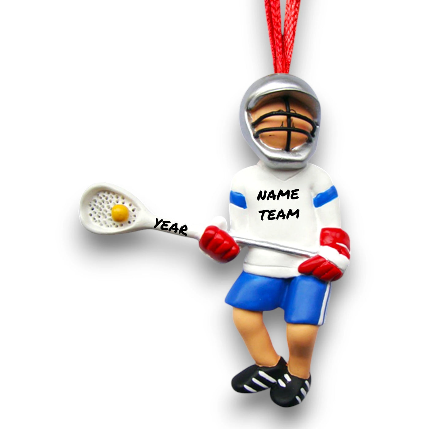 Personalized Male Lacrosse Ornament in white and blue uniform, customizable with name, team, and year.

