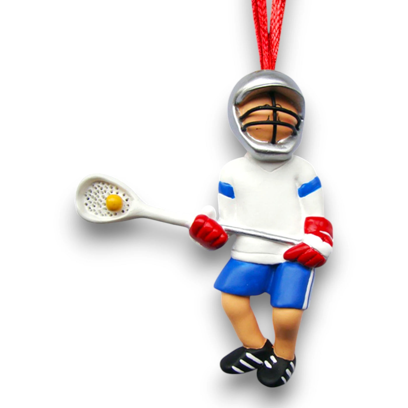 Personalized Male Lacrosse Ornament in white and blue uniform, customizable with name, team, and year.

