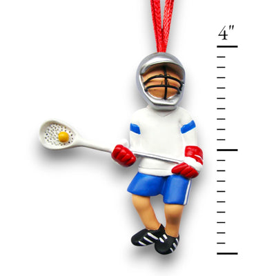 Personalized Male Lacrosse Ornament in white and blue uniform, customizable with name, team, and year.

