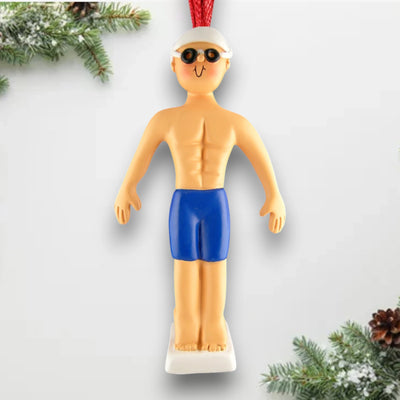 Personalized Male Swimmer Christmas Ornament featuring blue trunks, goggles, and space for a custom name and year.