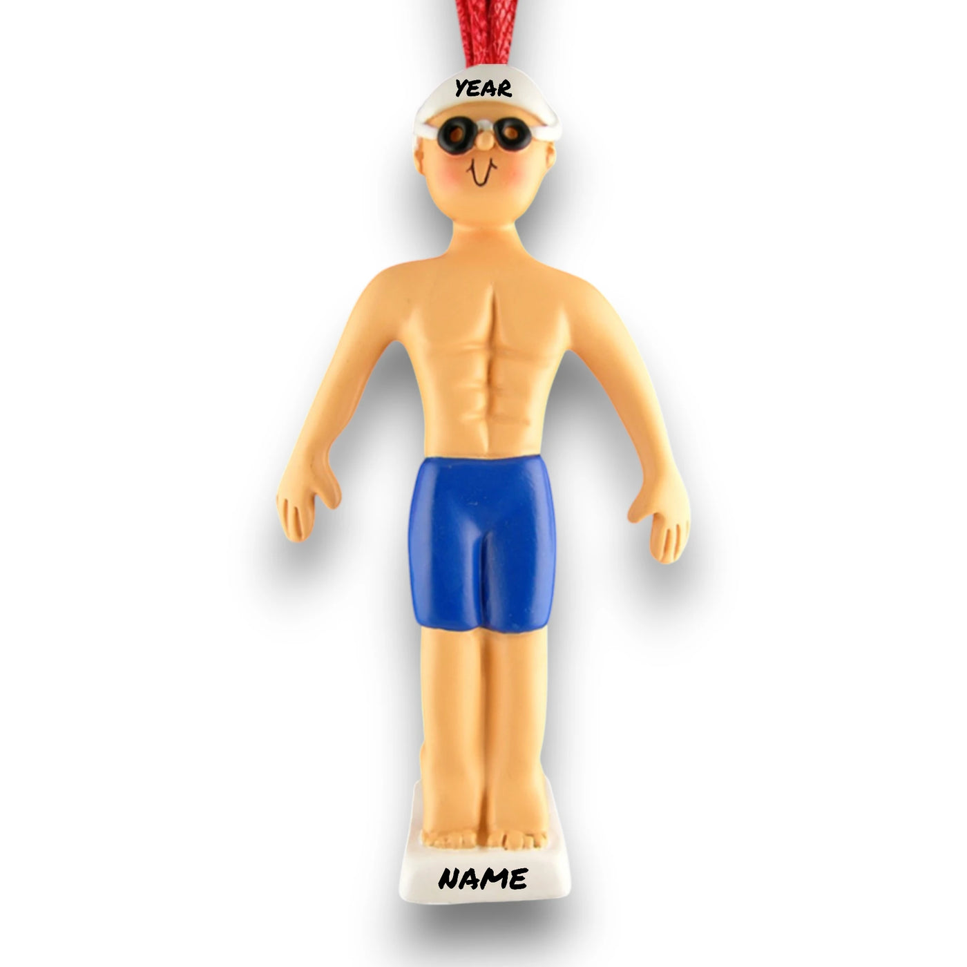 Personalized Male Swimmer Christmas Ornament featuring blue trunks, goggles, and space for a custom name and year.