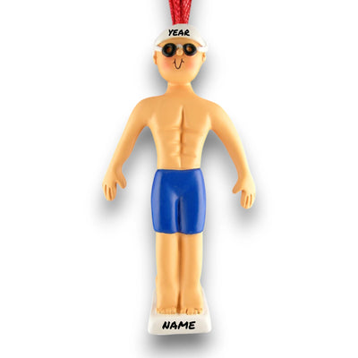 Personalized Male Swimmer Christmas Ornament featuring blue trunks, goggles, and space for a custom name and year.