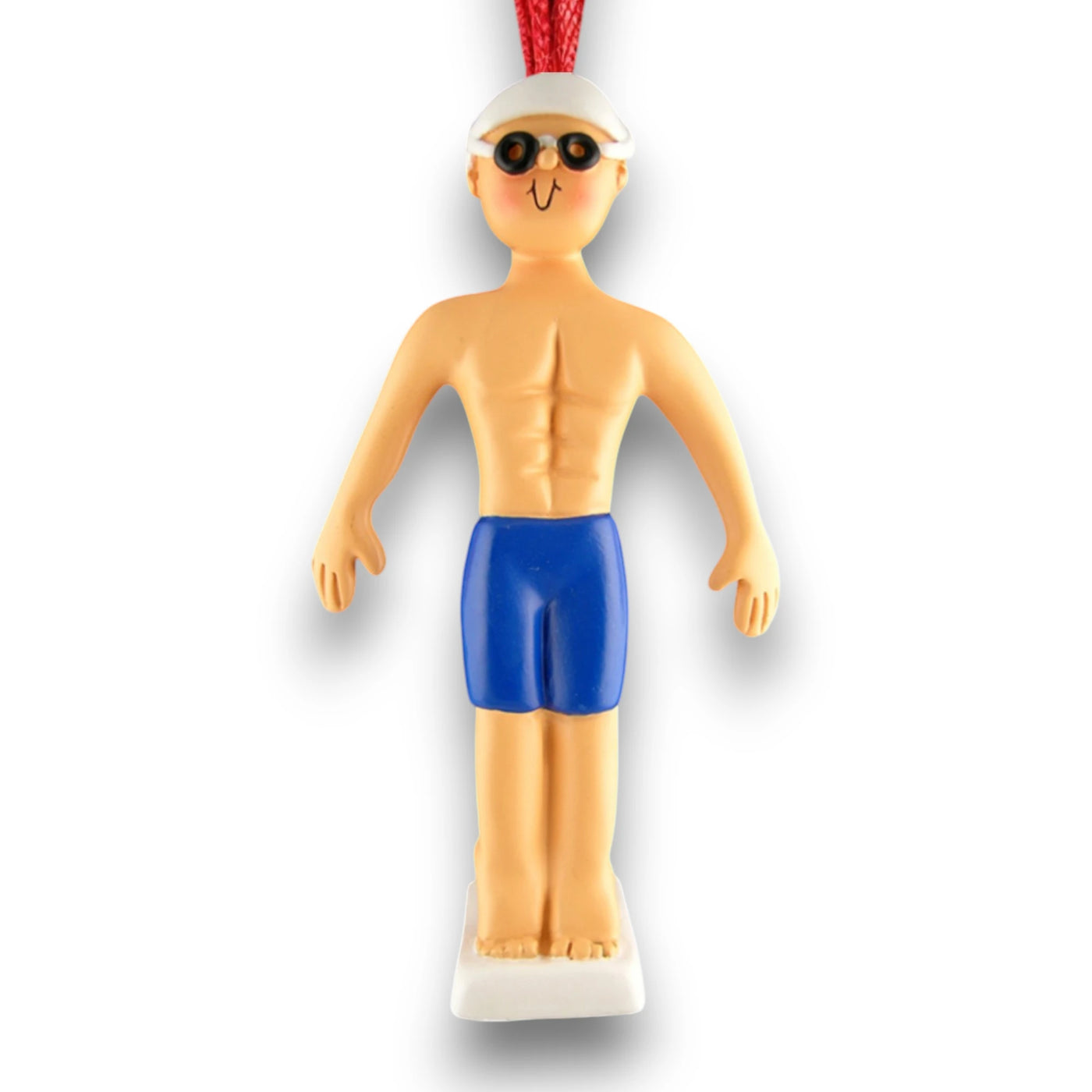 Personalized Male Swimmer Christmas Ornament featuring blue trunks, goggles, and space for a custom name and year.