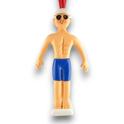 Personalized Male Swimmer Christmas Ornament featuring blue trunks, goggles, and space for a custom name and year.