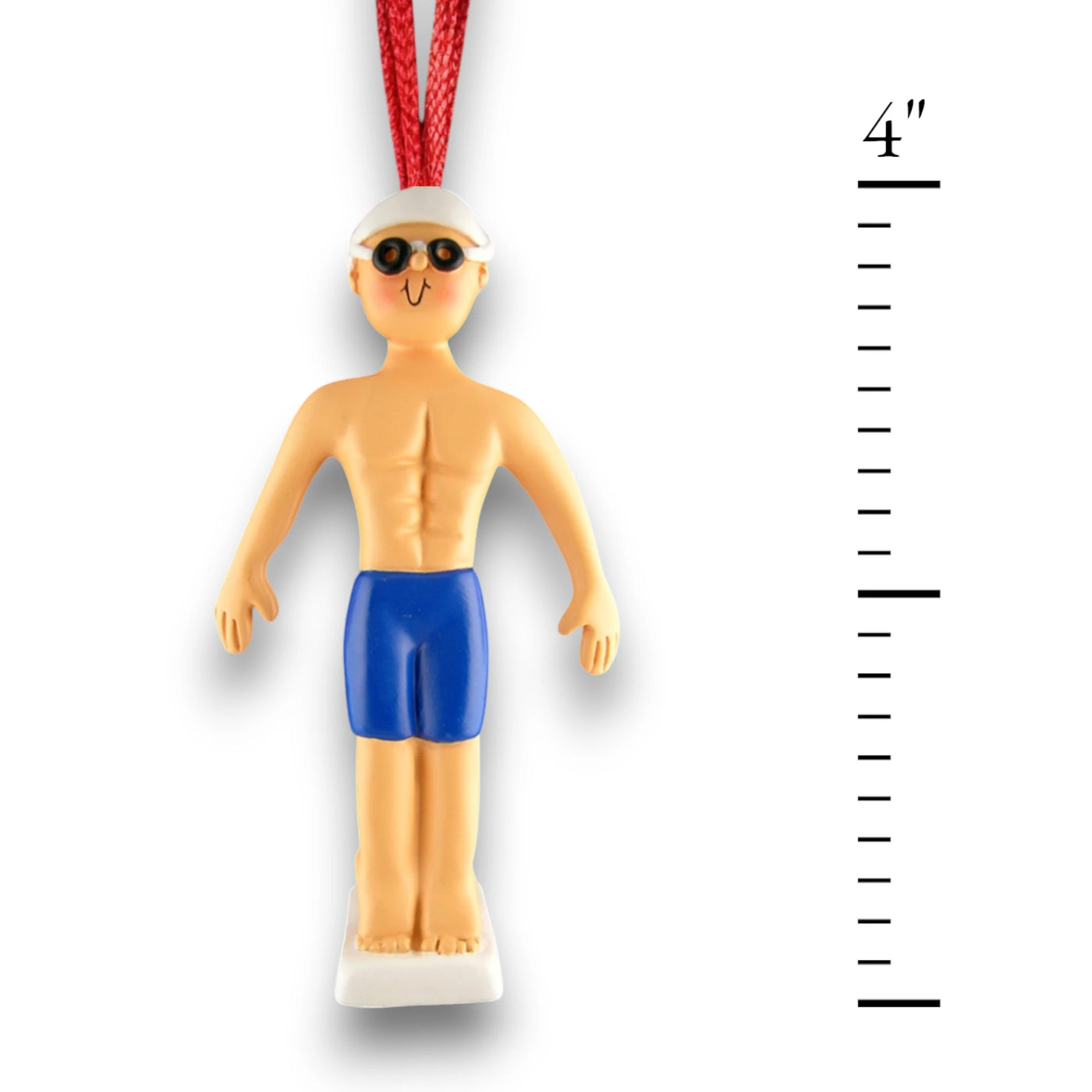 Personalized Male Swimmer Christmas Ornament featuring blue trunks, goggles, and space for a custom name and year.