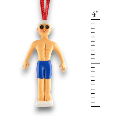 Personalized Male Swimmer Christmas Ornament featuring blue trunks, goggles, and space for a custom name and year.