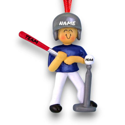 Personalized Male Tee Ball Christmas Ornament with Bat – Custom Name, Team, and Year Resin Ornament