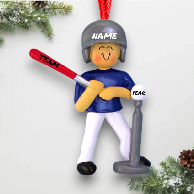 Personalized Male Tee Ball Christmas Ornament with Bat – Custom Name, Team, and Year Resin Ornament