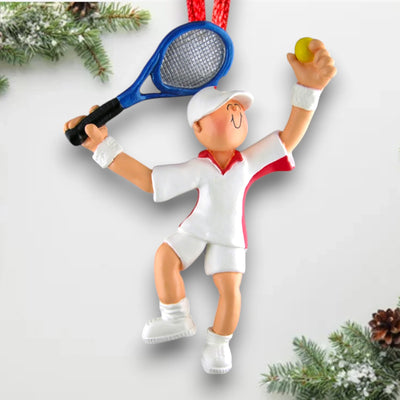 Personalized Male Tennis Ornament featuring a tennis player in a white and red uniform with a blue racquet.