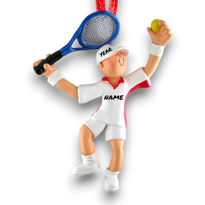 Personalized Male Tennis Ornament featuring a tennis player in a white and red uniform with a blue racquet.