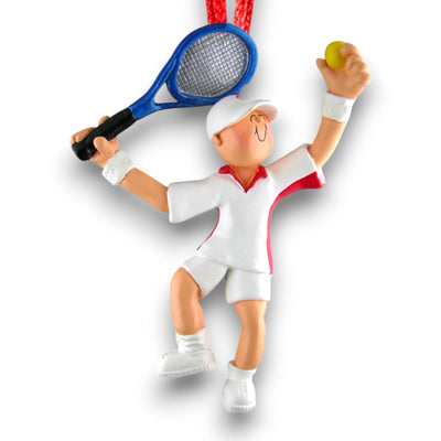 Personalized Male Tennis Ornament featuring a tennis player in a white and red uniform with a blue racquet.