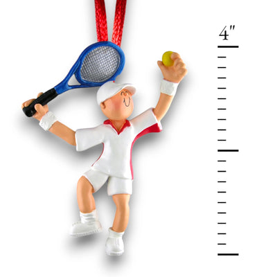 Personalized Male Tennis Ornament featuring a tennis player in a white and red uniform with a blue racquet.