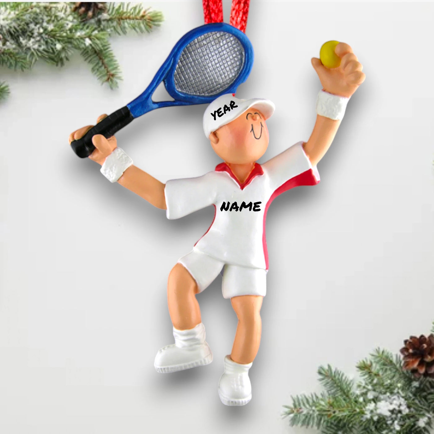 Personalized Male Tennis Ornament featuring a tennis player in a white and red uniform with a blue racquet.