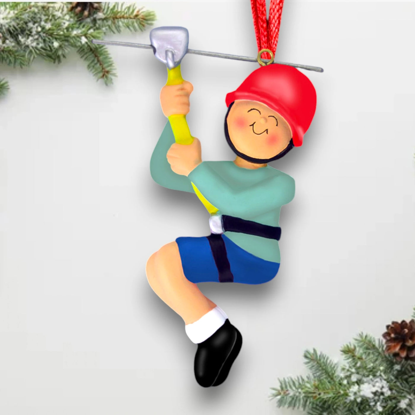 Personalized Male Zipliner Christmas Ornament with Red Helmet – Custom Name, Year, and Location Resin Ornament