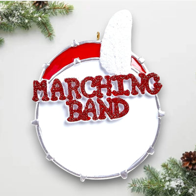 Personalized Marching Band Christmas Ornament featuring a glittery drum design with customizable name and year.