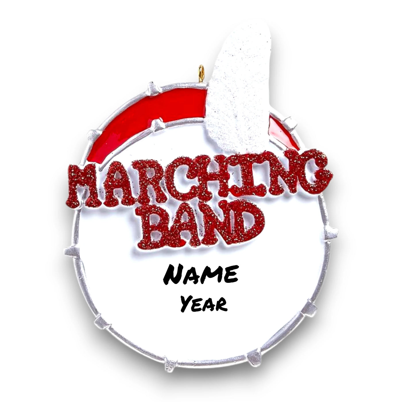 Personalized Marching Band Christmas Ornament featuring a glittery drum design with customizable name and year.