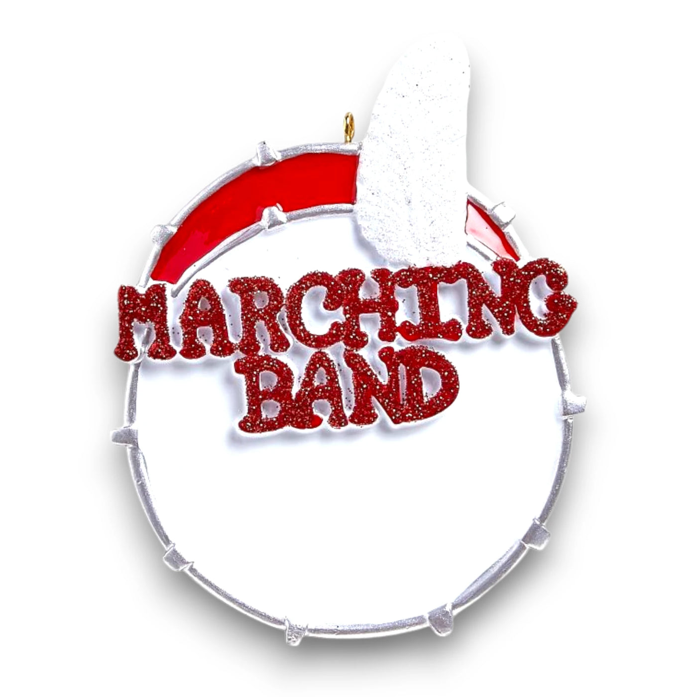 Personalized Marching Band Christmas Ornament featuring a glittery drum design with customizable name and year.