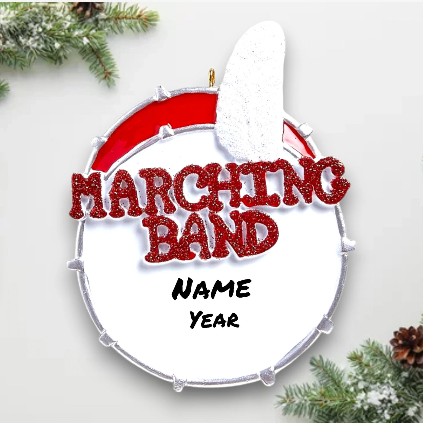 Personalized Marching Band Christmas Ornament featuring a glittery drum design with customizable name and year.