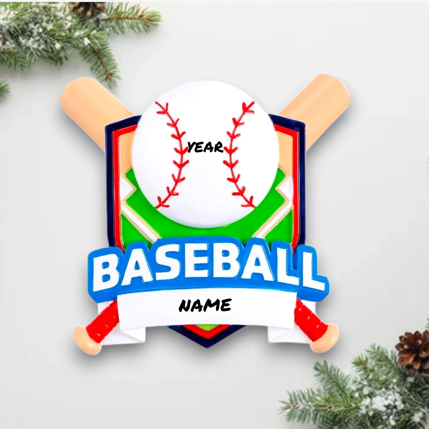 Personalized Baseball Shield Christmas Ornament with customizable name and year, featuring a baseball with red stitching and crossed bats on a vibrant shield background.