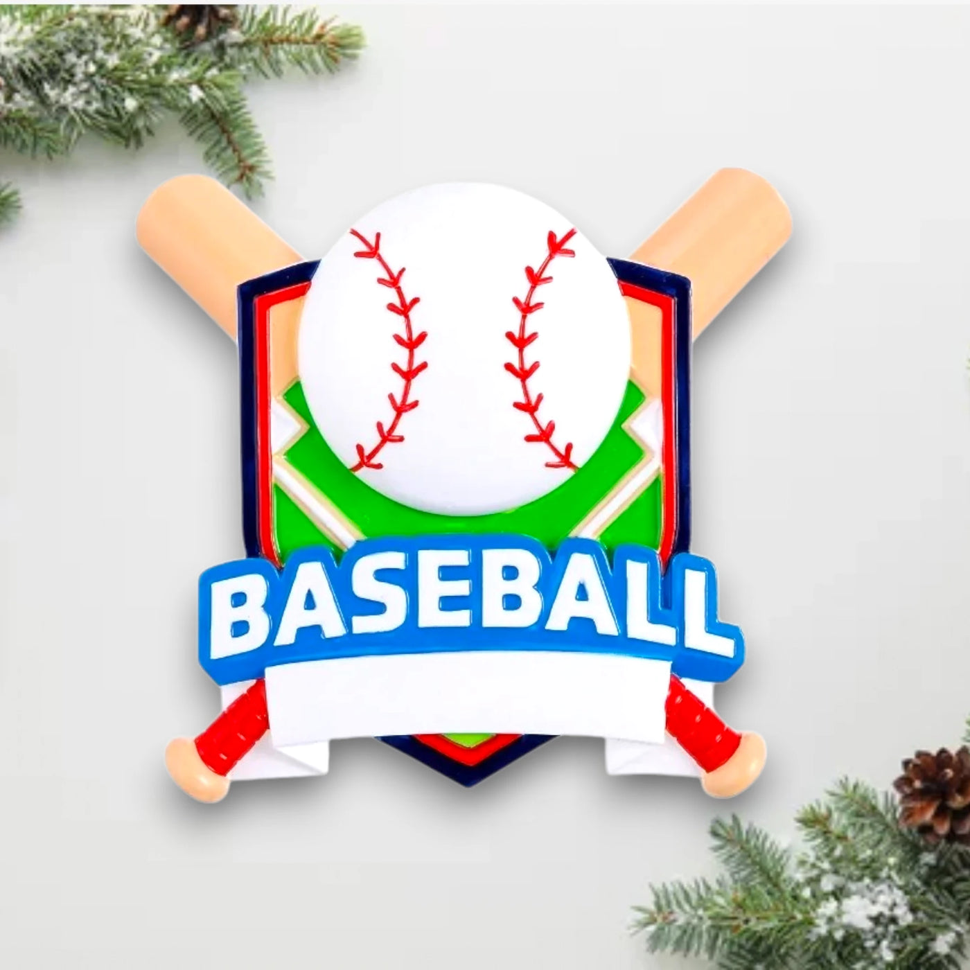 Personalized Baseball Shield Christmas Ornament with customizable name and year, featuring a baseball with red stitching and crossed bats on a vibrant shield background.