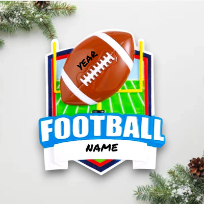 Personalized Football Shield Christmas Ornament featuring a bold shield design, a football at the center, and customizable name and year.