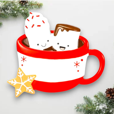 Personalized Hot Cocoa Family of 2 Christmas Ornament featuring two marshmallows in a red mug with a snowflake cookie.
