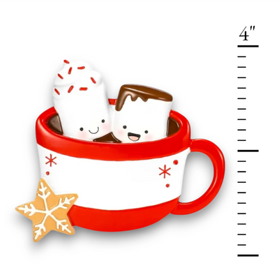 Personalized Hot Cocoa Family of 2 Christmas Ornament featuring two marshmallows in a red mug with a snowflake cookie.
