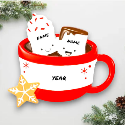 Personalized Hot Cocoa Family of 2 Christmas Ornament featuring two marshmallows in a red mug with a snowflake cookie.
