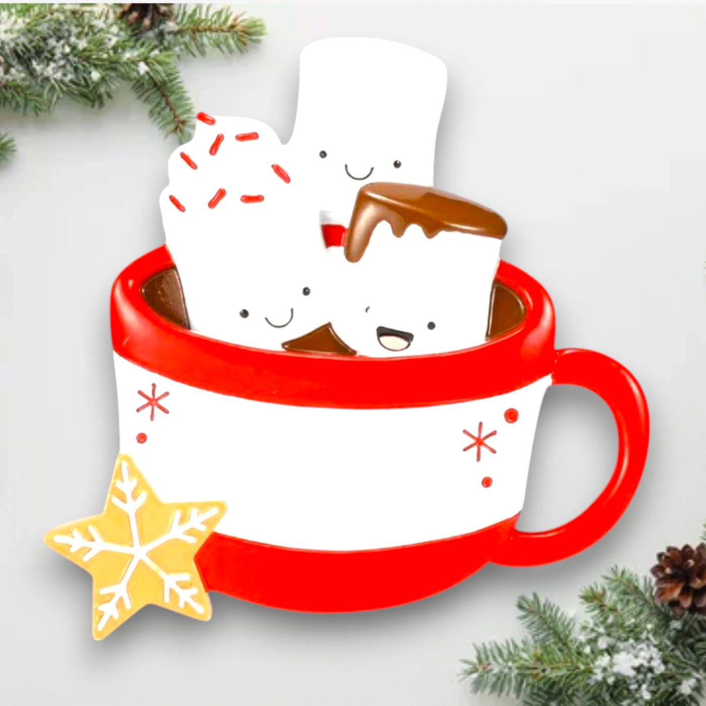 Personalized Hot Cocoa Family of 3 Christmas Ornament featuring three marshmallows in a red mug with a snowflake cookie.