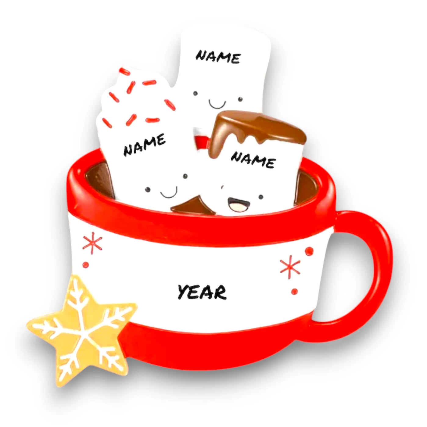 Personalized Hot Cocoa Family of 3 Christmas Ornament featuring three marshmallows in a red mug with a snowflake cookie.